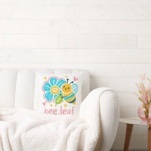 Whimsical 'Bee Leaf' Crayon Art: Happy Bumblebee  Throw Pillow