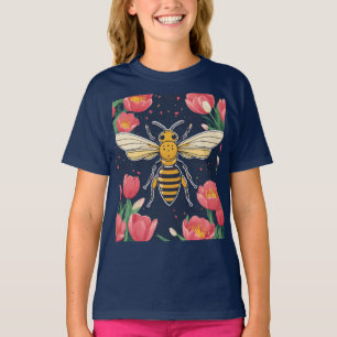 Whimsical Bee & Tulip Field Kids T-Shirt