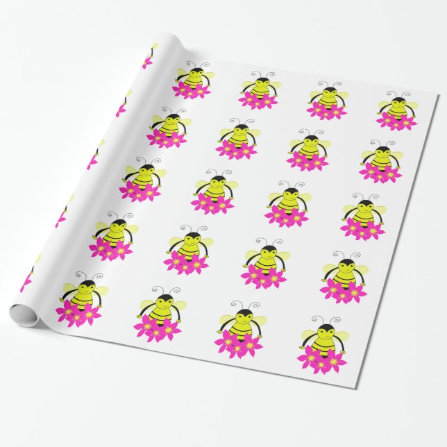 Whimsical Bee with Pink Flowers Wrapping Paper (Unrolled)