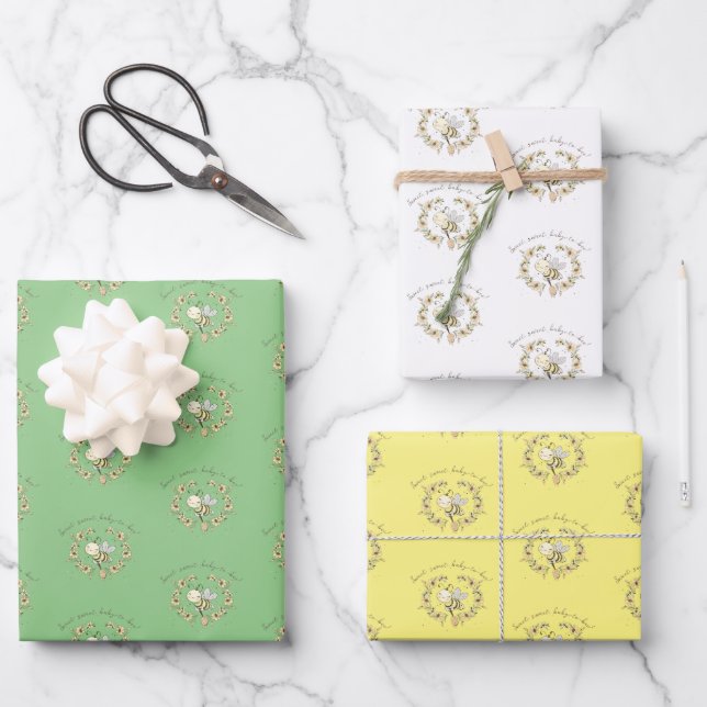 Whimsical Bee Wreath Trio Wrapping Paper Sheet (Front)
