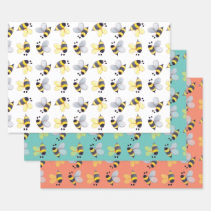 Whimsical Bees Pattern Trio III Wrapping Paper Sheet