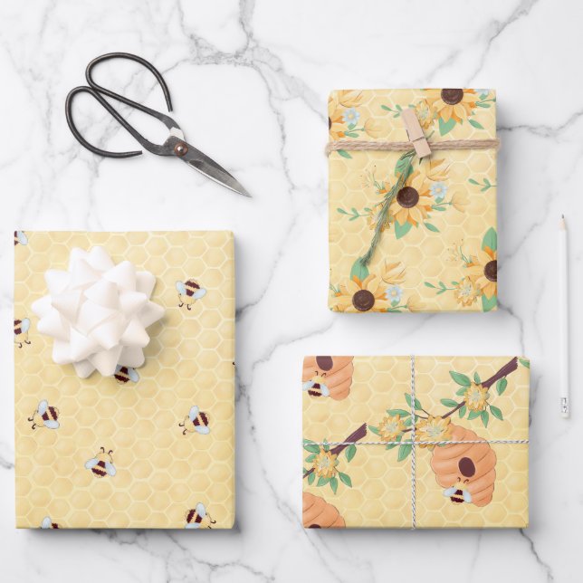 Whimsical Bees Wrapping Paper Sheet (Front)