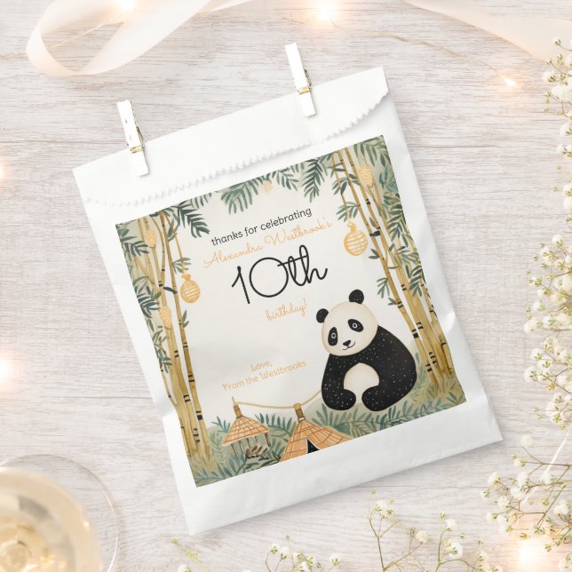 Whimsical Beige Bamboo and Panda Birthday Party Favour Bag (Clipped)