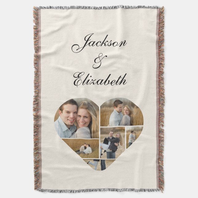Whimsical Beige Heart Photo Collage Personalized  Throw Blanket (Front Vertical)