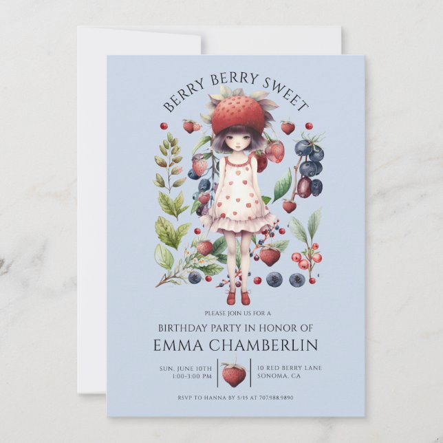 Whimsical Berry Sweet Girl's Birthday Party Invitation (Front)