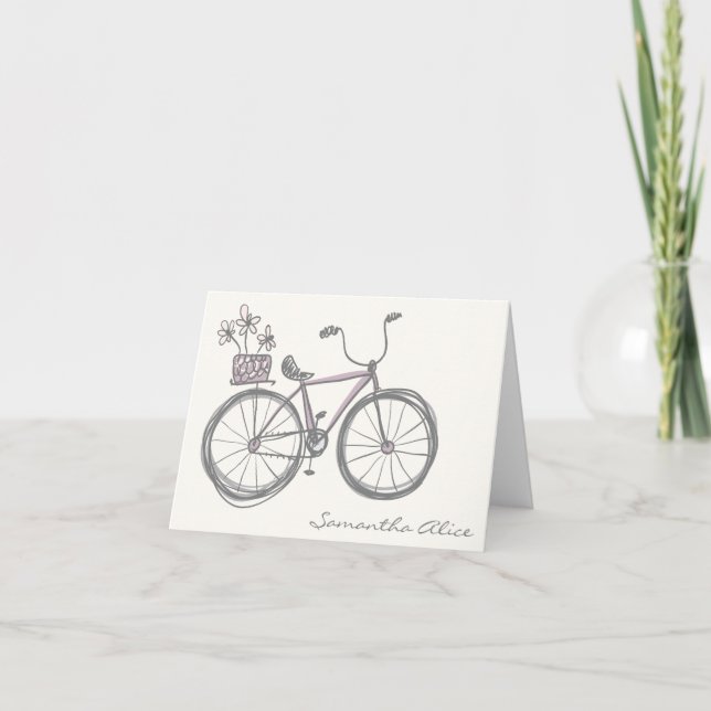 Whimsical Bicycle Illustration Lavender Gray Name Note Card (Front)