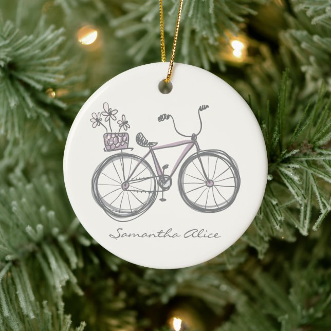 Whimsical Bicycle Illustration Lilac Grey Custom Ceramic Ornament (Tree)