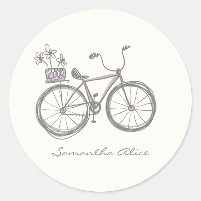 Whimsical Bicycle Illustration Lilac Grey Custom  Classic Round Sticker (Front)