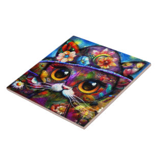 Whimsical Big-Eye Cat Kitty with Hat Floral  Tile
