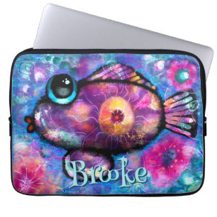 Whimsical Big-Eye Fish Teal Pink Personalized Laptop Sleeve