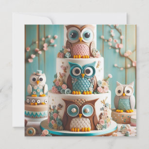 WHIMSICAL BIG EYE OWL THEMED BIRTHDAY CAKE  INVITATION