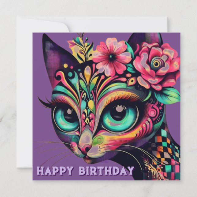 Whimsical Big-Eye Retro Diva Cat Birthday Card (Front)
