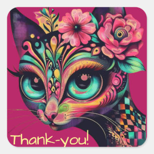 Whimsical Big-Eye Retro Diva Cat Kitty Square Sticker