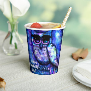 Whimsical Big-Eyed Abstract Owl Blue Green Purple Paper Cups