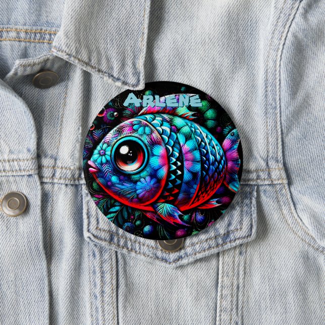 Whimsical Big-Eyed Fish Nautical Personalized 4 Inch Round Button (In Situ)