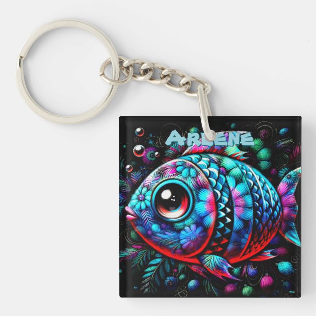 Whimsical Big-Eyed Fish Nautical Personalized Keychain (Front)