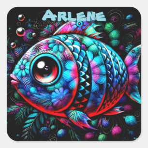 Whimsical Big-Eyed Fish Nautical Personalized Square Sticker