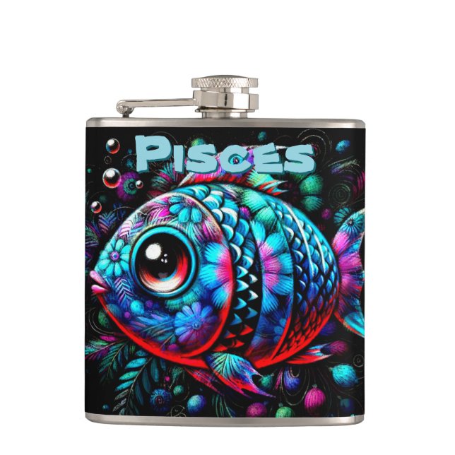 Whimsical Big-Eyed Fish Pisces Personalized Hip Flask (Front)
