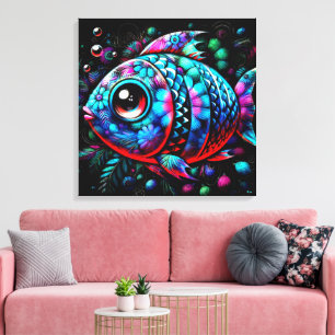 Whimsical Big-Eyed Floral Fish Nautical Teal Pink  Canvas Print