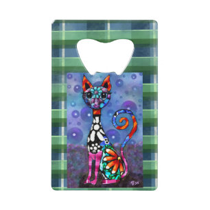 Whimsical Big-Eyed Funky Abstract Kitty Cat Credit Card Bottle Opener