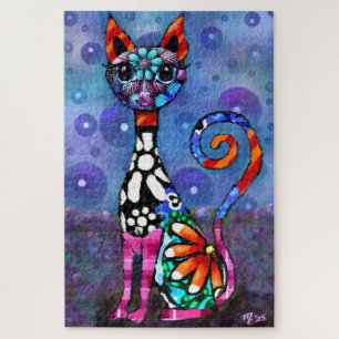 Whimsical Big-Eyed Funky Abstract Kitty Cat Jigsaw Puzzle