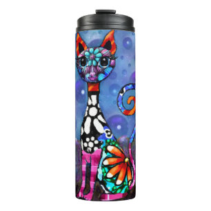 Whimsical Big-Eyed Funky Abstract Kitty Cat Thermal Tumbler