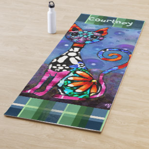 Whimsical Big-Eyed Funky Abstract Kitty Cat Yoga Mat