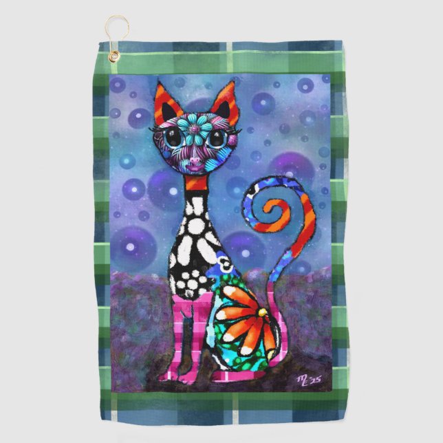 Whimsical Big-Eyed Funky Kitty Cat Abstract Golf Towel (Front)