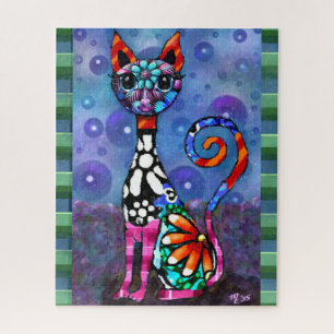 Whimsical Big-Eyed Funky Kitty Cat Abstract Jigsaw Puzzle