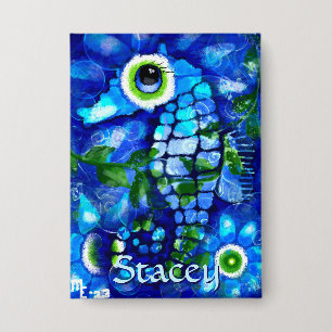Whimsical Big-Eyes Seahorse Art Blue Personalized