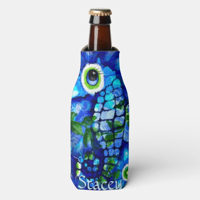Whimsical Big-Eyes Seahorse Art Blue Personalized Bottle Cooler (Bottle Front)