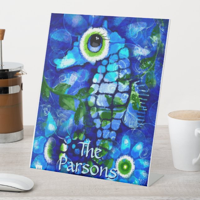 Whimsical Big-Eyes Seahorse Art Blue Personalized Pedestal Sign (In SItu)