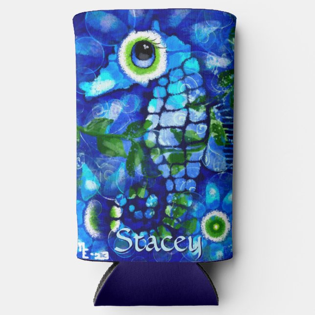 Whimsical Big-Eyes Seahorse Art Blue Personalized Seltzer Can Cooler (Front)