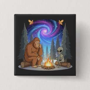 Whimsical Bigfoot and Alien Campfire Galaxy 2 Inch Square Button