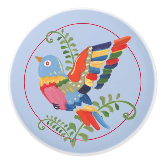 Whimsical Bird Colourful Folk Rustic Retro Blue Ceramic Knob (Front)
