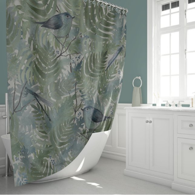 Whimsical Bird Dragonflies Botanical (Whimsical Bird Dragonflies Blue Fern Plants Floral Shower Curtain from Studio Posies.)