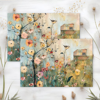 WHIMSICAL BIRD IN SPRING MEADOW DECOUPAGE TISSUE PAPER
