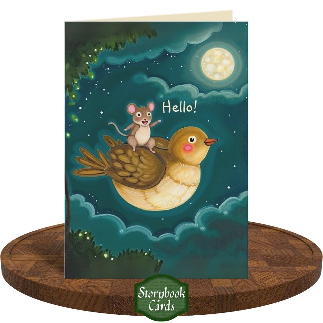 Whimsical Bird Mouse Night Sky Moon Friendship Card (Creator Uploaded)