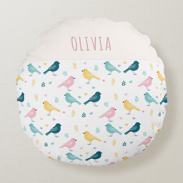 Whimsical Bird Pattern Personalized Pink & Teal Round Pillow (Front)