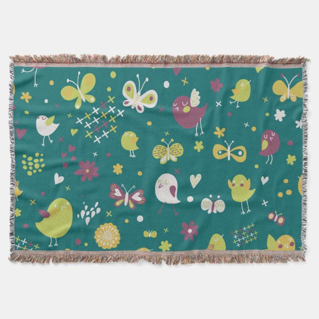 Whimsical Birds and Butterflies Throw Blanket (Front)