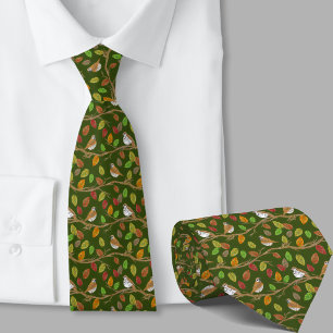 Whimsical Birds and Leaves Pattern Tie