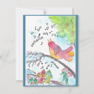 Whimsical Birds Christian Art Flat Notecard 