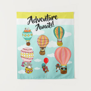 Whimsical Birds Hot Air Balloons Adventure Awaits Tapestry