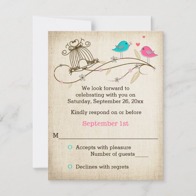 Whimsical Birds in Love Wedding RSVP Card (Front)