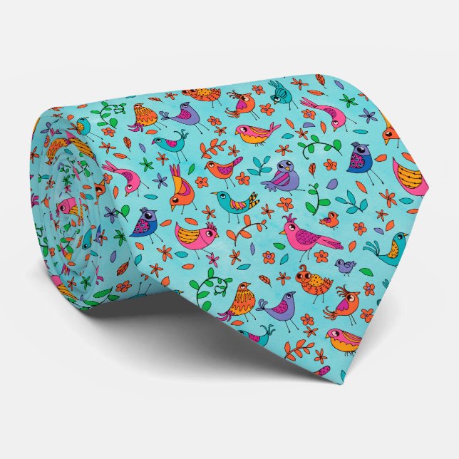 Whimsical Birds on Blue Pattern Tie (Rolled)