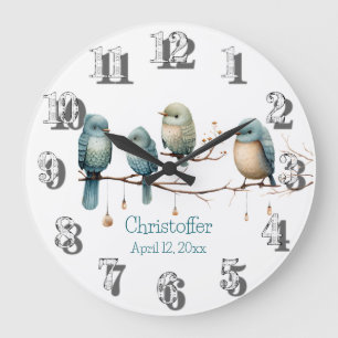 Whimsical Birds on Branches  Pastel Baby Shower Large Clock