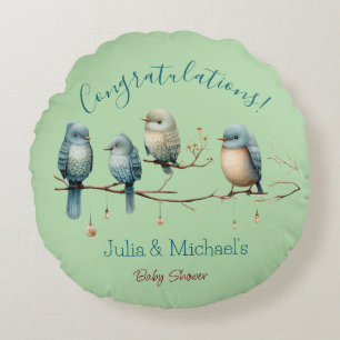 Whimsical Birds on Branches Pastel Baby Shower Round Pillow