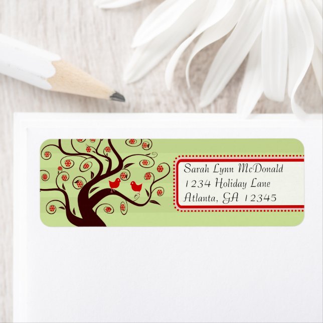 Whimsical Birds Tree Green Stripe Red Pink Trim (Insitu)