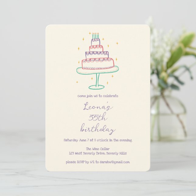 Whimsical Birthday Cake Cute Custom Colourful Part Invitation (Standing Front)