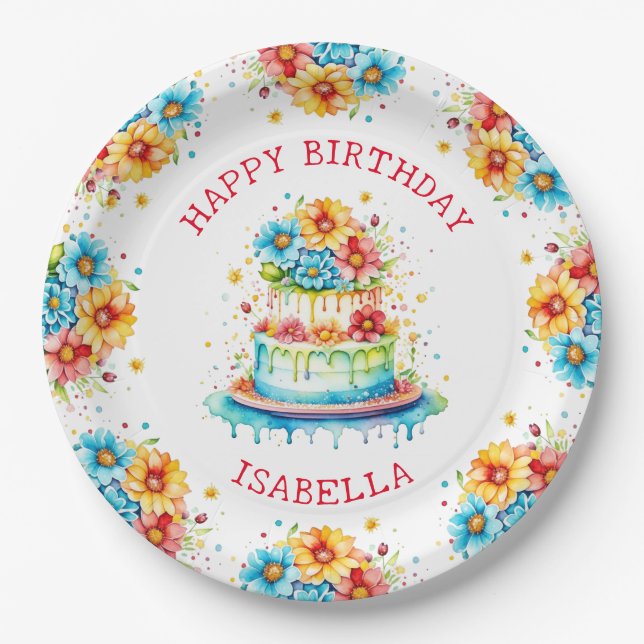 Whimsical Birthday Cake Illustration Personalized  Paper Plate (Front)
